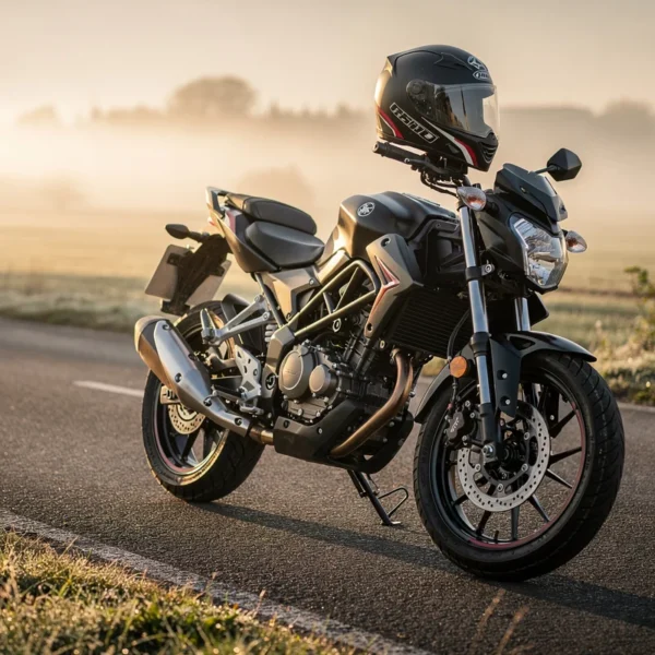 Moto 125 route garée sur une départementale au lever du jour, prête pour un trajet quotidien