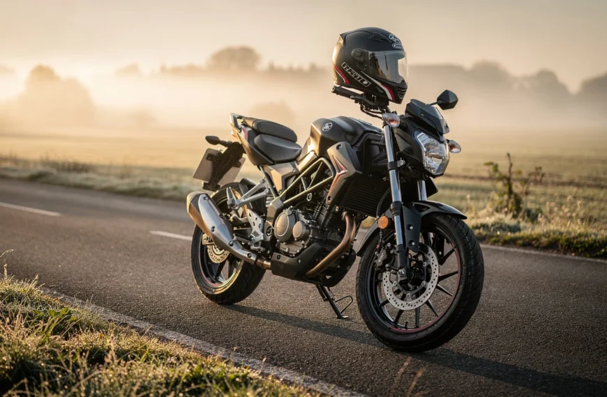 Moto 125 route garée sur une départementale au lever du jour, prête pour un trajet quotidien