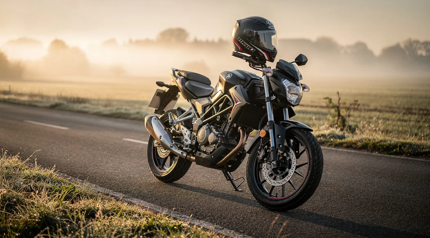 Moto 125 route garée sur une départementale au lever du jour, prête pour un trajet quotidien