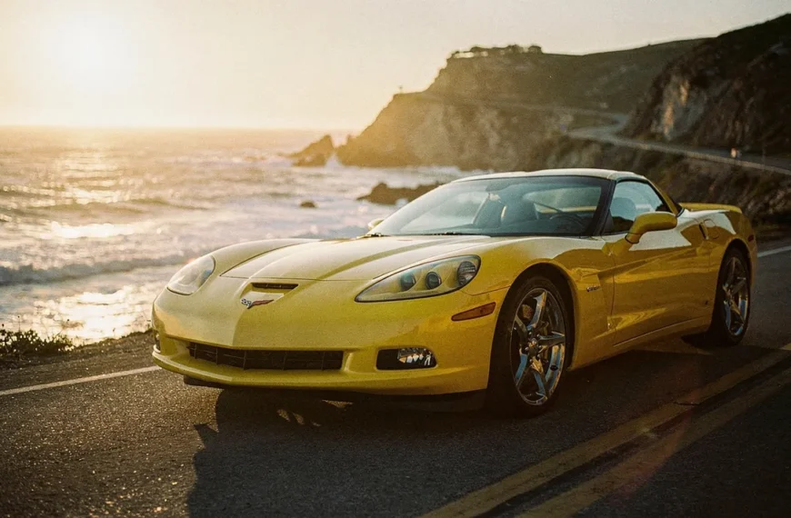 Chevrolet Corvette C6 jaune sur route côtière au coucher du soleil