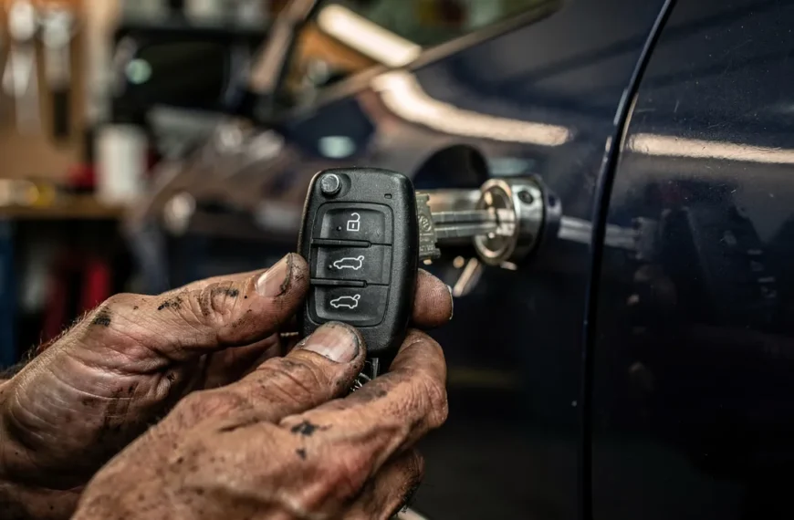 Main insérant une clé Volkswagen dans la serrure d'une portière, atelier en arrière-plan