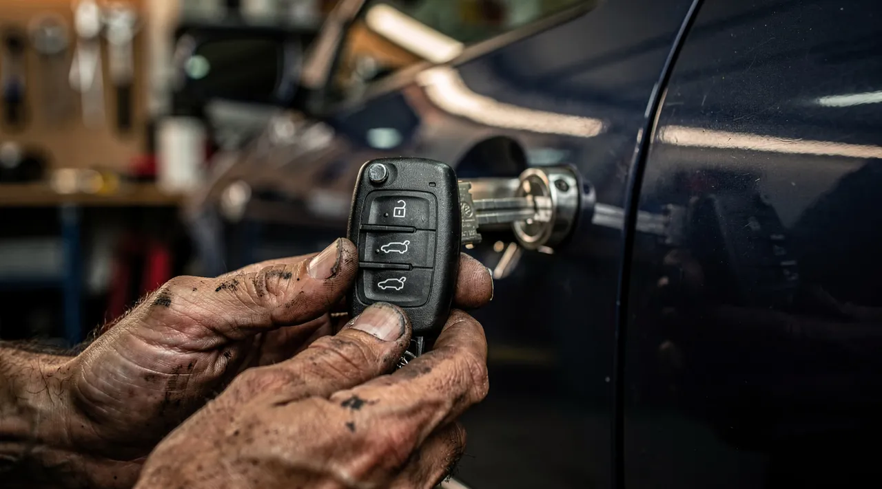 Main insérant une clé Volkswagen dans la serrure d'une portière, atelier en arrière-plan