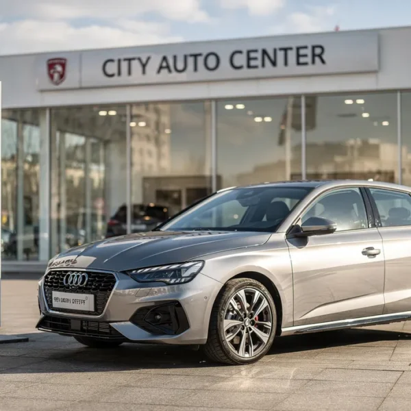 Voiture neuve devant une concession avec panneau de prix, leasing sans apport