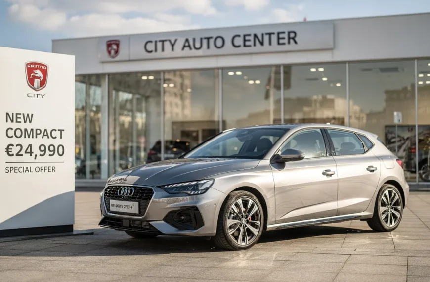 Voiture neuve devant une concession avec panneau de prix, leasing sans apport