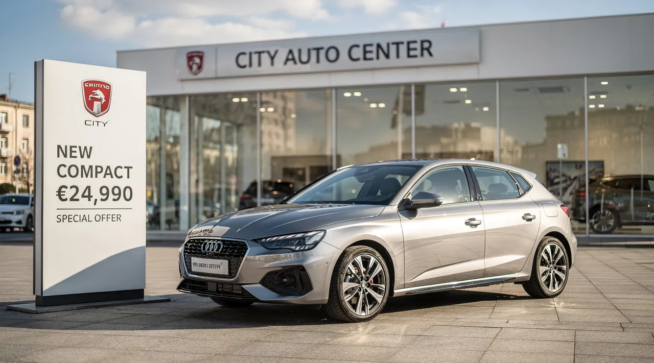 Voiture neuve devant une concession avec panneau de prix, leasing sans apport